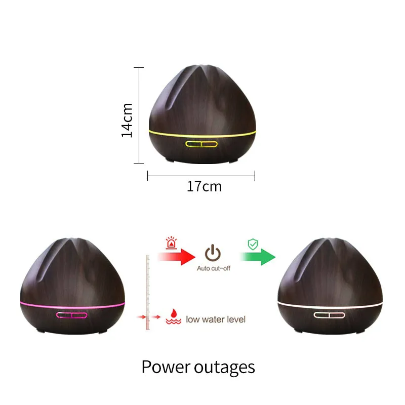 Air humidifier aromatherapy machine with 500ml capacity in dark wood finish on a table
