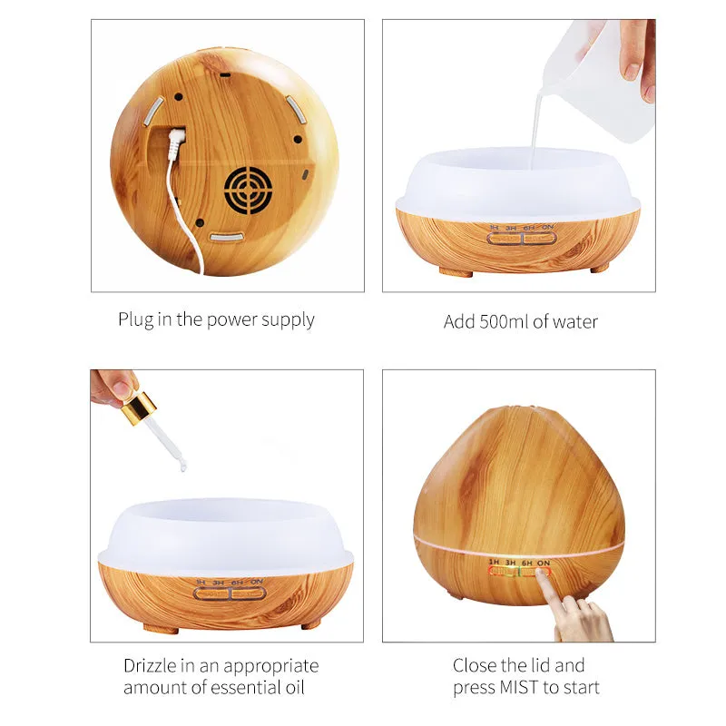 Air humidifier aromatherapy machine with 500ml capacity in dark wood finish on a table