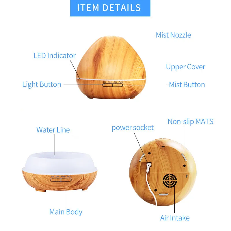 Air humidifier aromatherapy machine with 500ml capacity in dark wood finish on a table