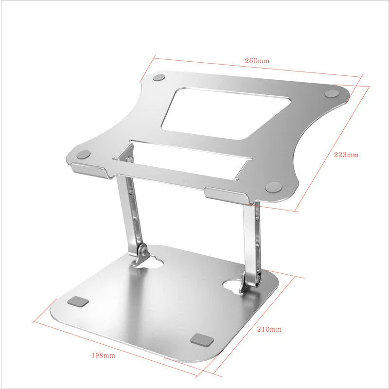 Silver aluminium alloy folding laptop cooling stand on a desk with a notebook placed on it