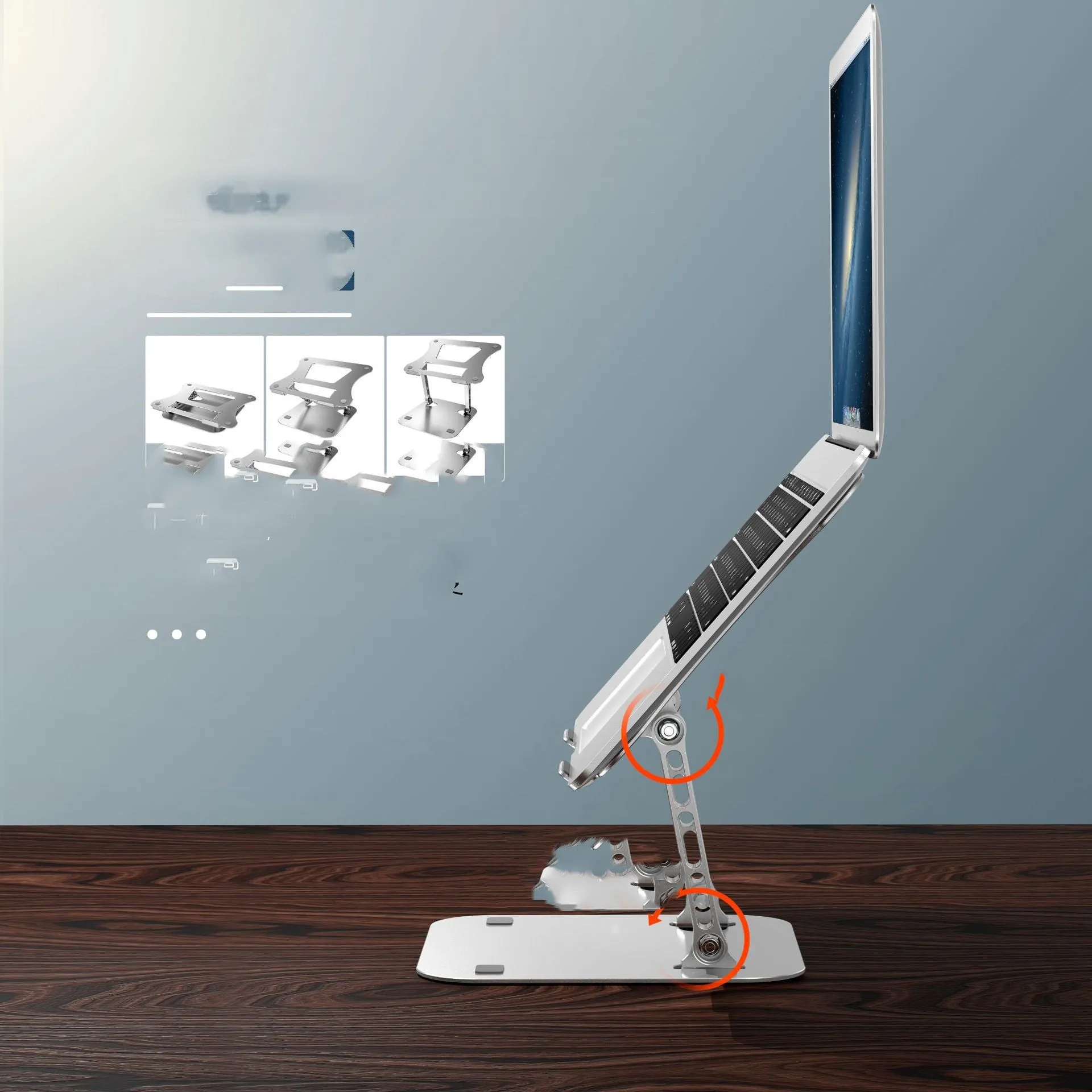 Silver aluminium alloy folding laptop cooling stand on a desk with a notebook placed on it