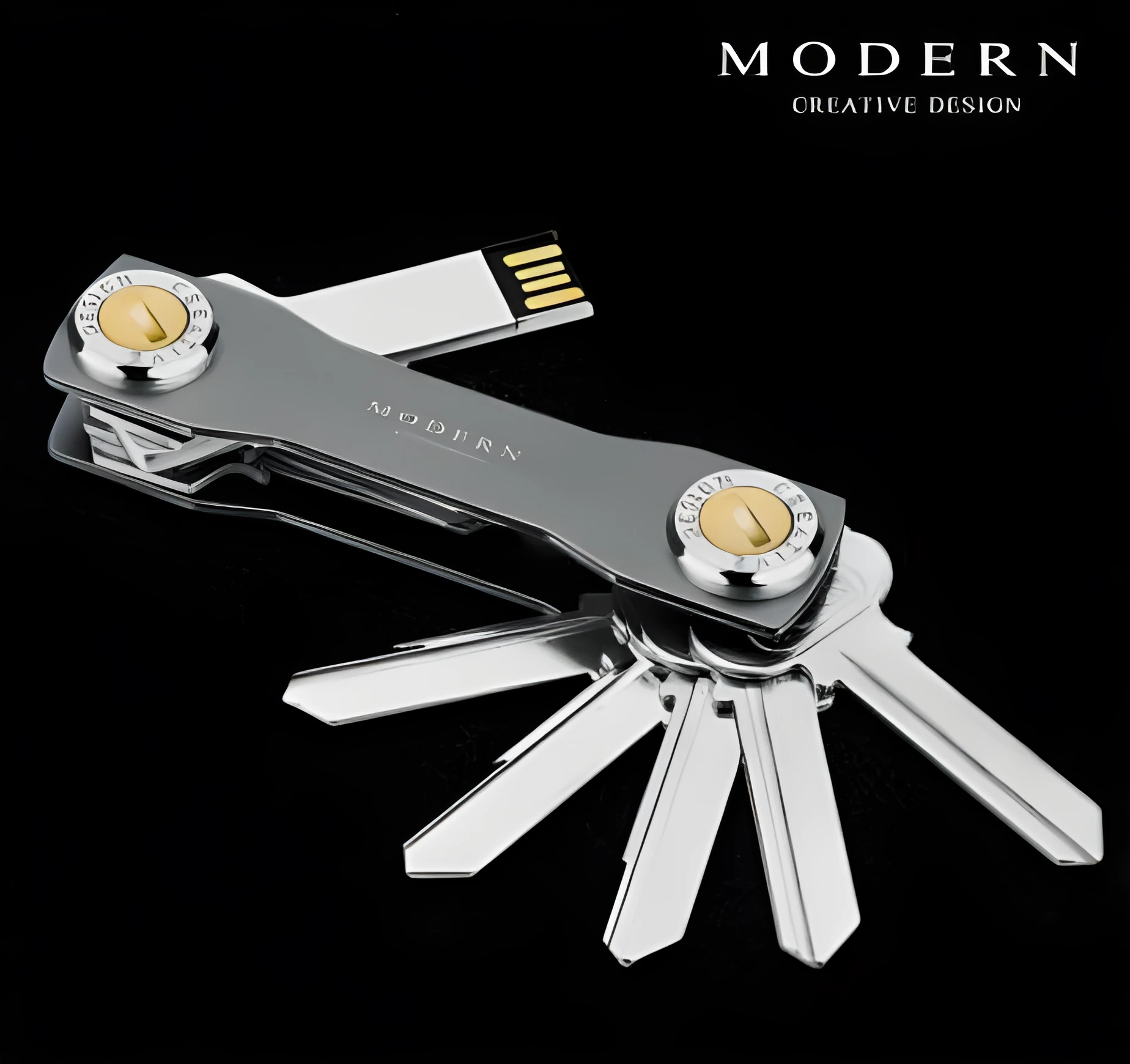 Multi-function metal keychain in grey, slim stainless steel and anodized aluminium design for key storage