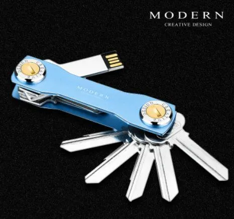 Multi-function metal keychain in grey, slim stainless steel and anodized aluminium design for key storage