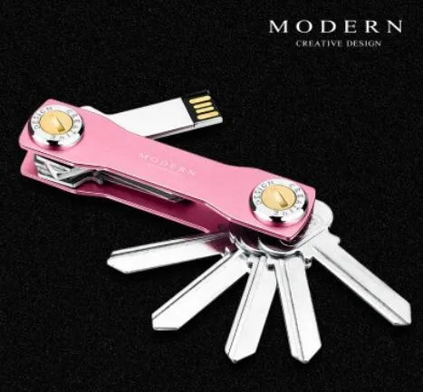 Multi-function metal keychain in grey, slim stainless steel and anodized aluminium design for key storage