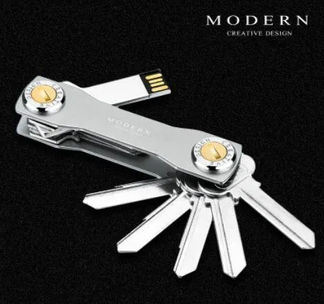 Multi-function metal keychain in grey, slim stainless steel and anodized aluminium design for key storage