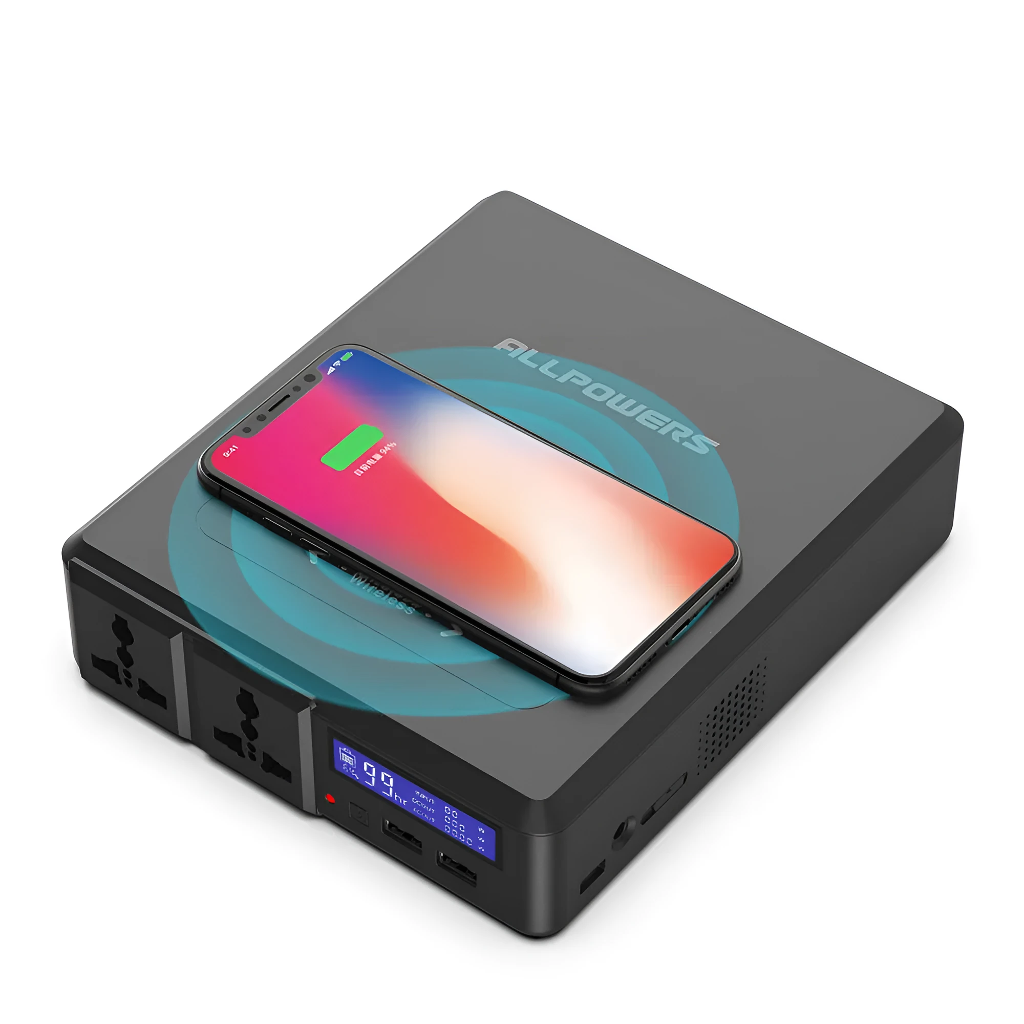 Black notebook power bank 41600mAh 220V with WiFi and UK plug on white background