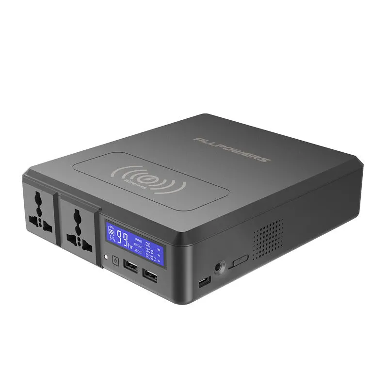 Black notebook power bank 41600mAh 220V with WiFi and UK plug on white background