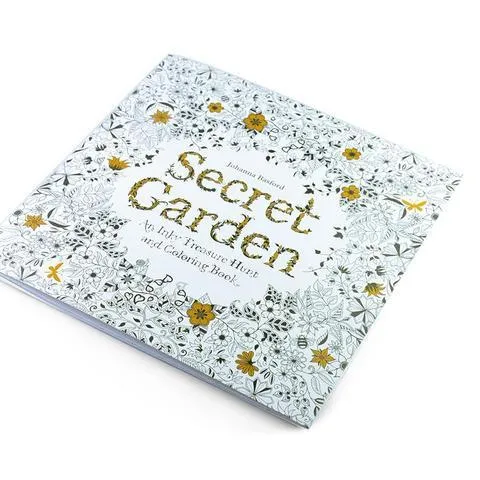 Adult DIY colouring book Secret Garden model open to a detailed black and white cartoon illustration page.