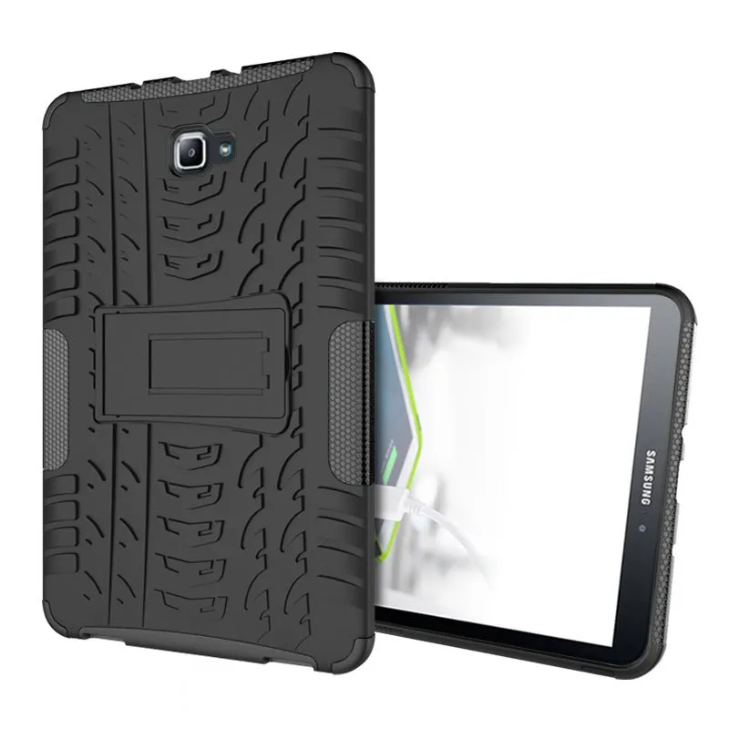 Samsung Galaxy Tab A 10.1 2016 plate bracket shell protective case in black with stand and tyre pattern