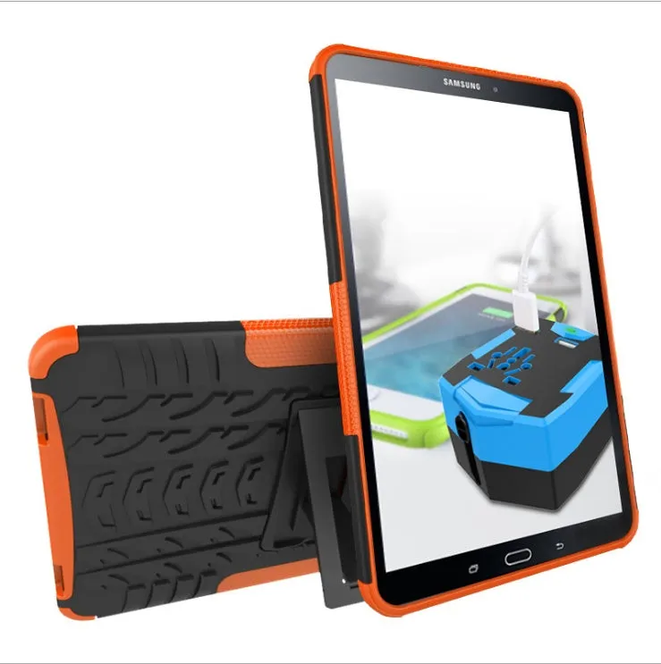 Samsung Galaxy Tab A 10.1 2016 plate bracket shell protective case in black with stand and tyre pattern