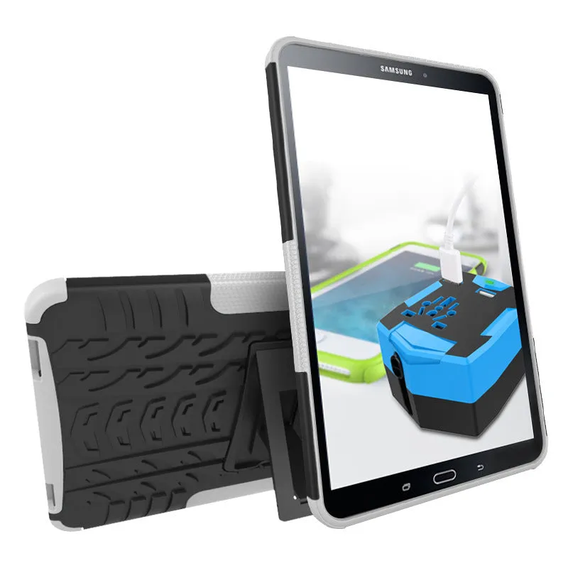 Samsung Galaxy Tab A 10.1 2016 plate bracket shell protective case in black with stand and tyre pattern