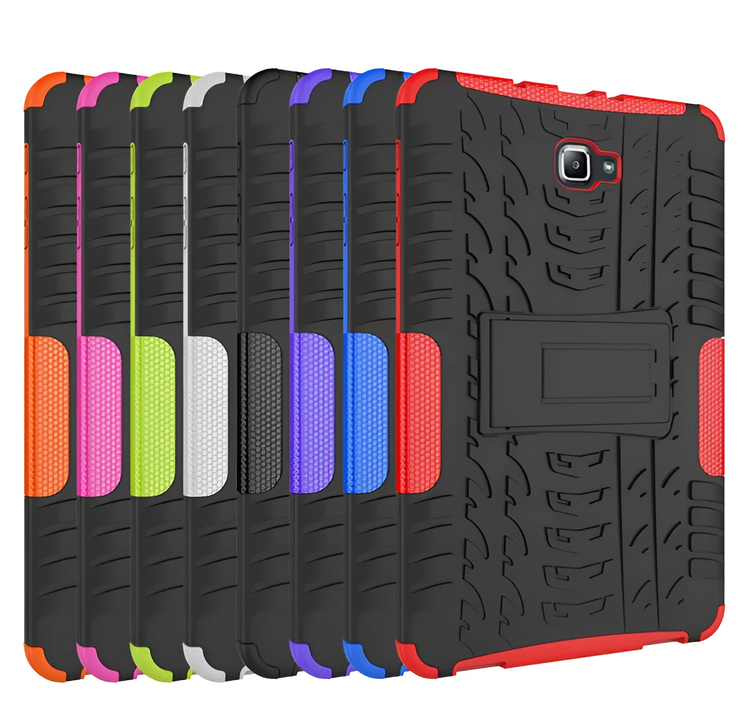 Samsung Galaxy Tab A 10.1 2016 plate bracket shell protective case in black with stand and tyre pattern