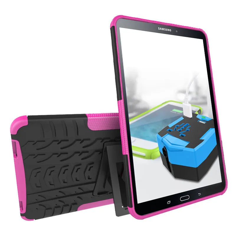 Samsung Galaxy Tab A 10.1 2016 plate bracket shell protective case in black with stand and tyre pattern