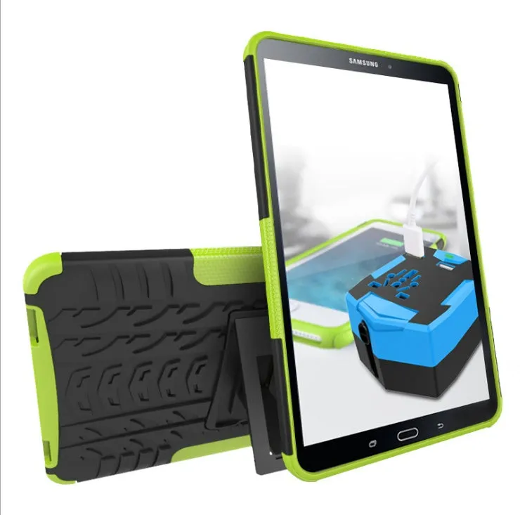 Samsung Galaxy Tab A 10.1 2016 plate bracket shell protective case in black with stand and tyre pattern