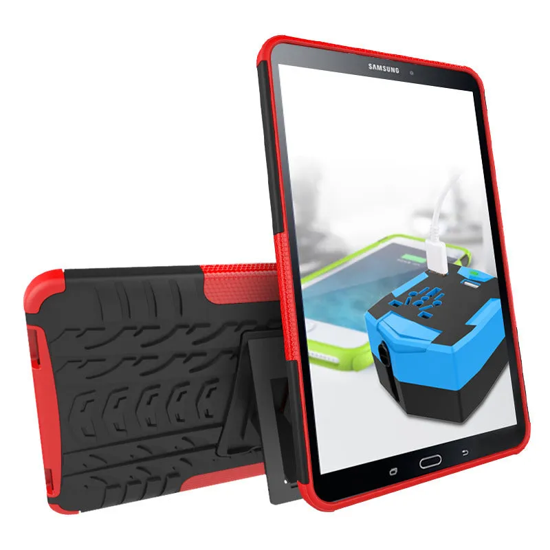 Samsung Galaxy Tab A 10.1 2016 plate bracket shell protective case in black with stand and tyre pattern