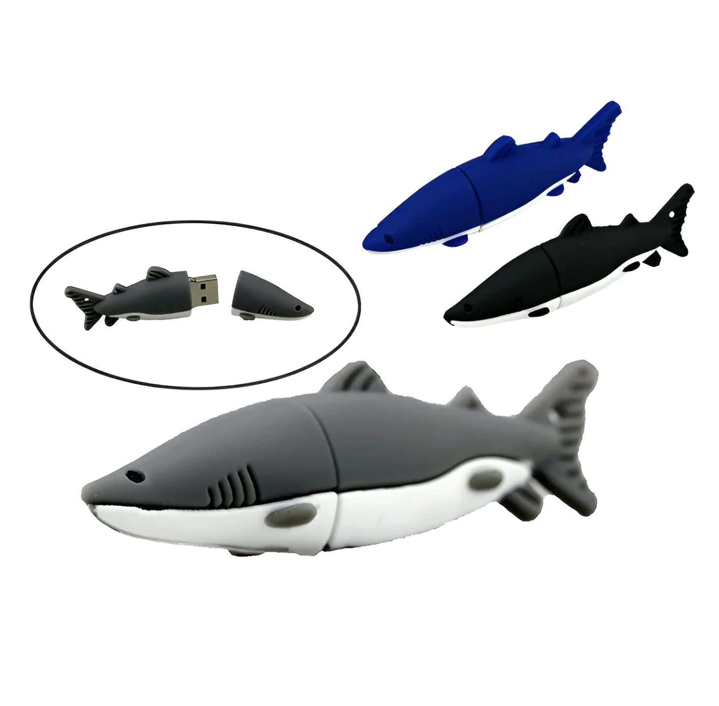 Cartoon shark USB flash drive with simulation marine animal design in black, blue, and grey colour options