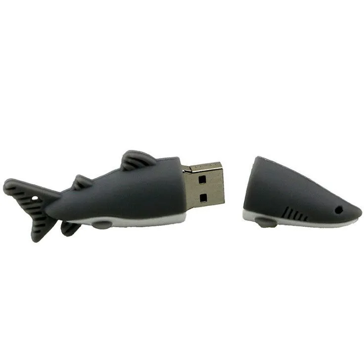 Cartoon shark USB flash drive with simulation marine animal design in black, blue, and grey colour options