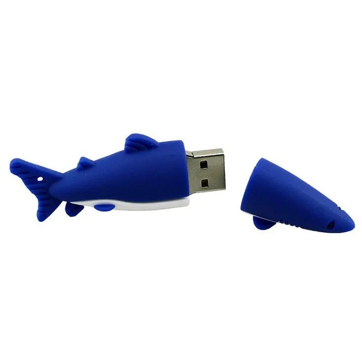 Cartoon shark USB flash drive with simulation marine animal design in black, blue, and grey colour options