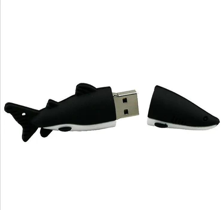 Cartoon shark USB flash drive with simulation marine animal design in black, blue, and grey colour options