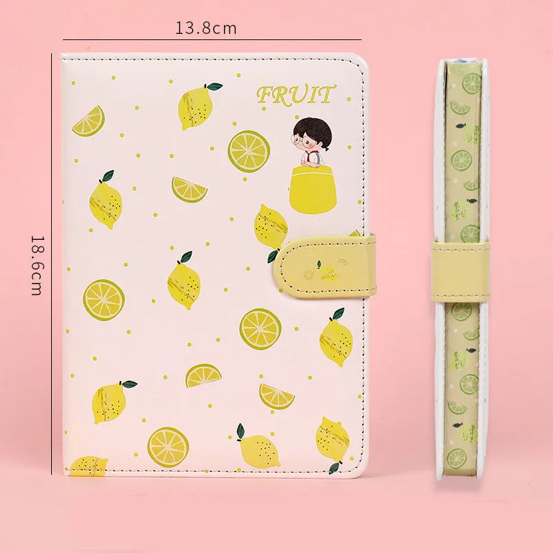 Fruit print notebook planner with magnetic buckle, imitation leather cover, kawaii illustration, A6 size 18.6x13.8cm