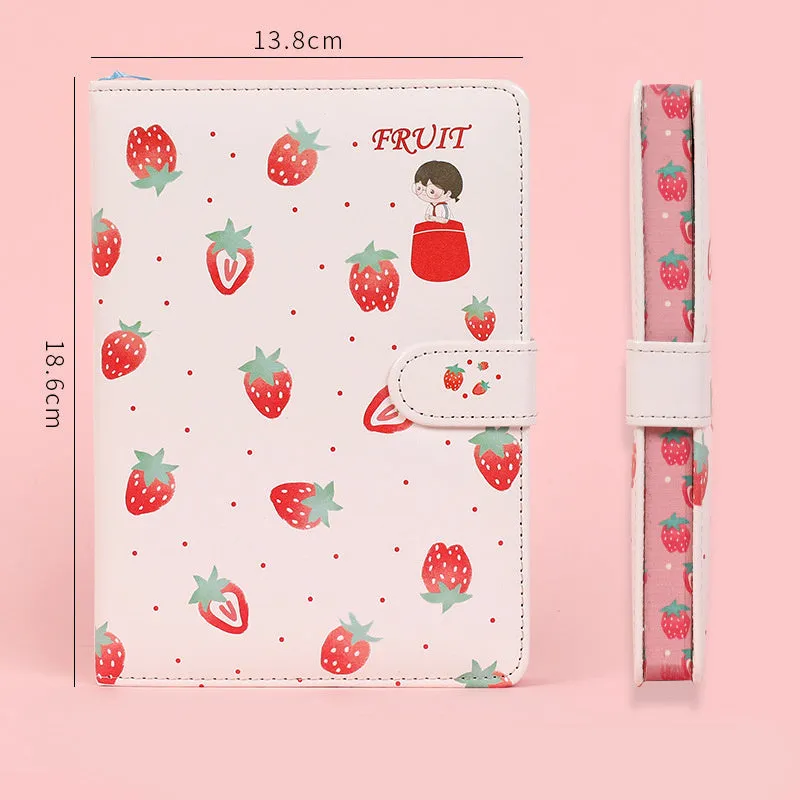 Fruit print notebook planner with magnetic buckle, imitation leather cover, kawaii illustration, A6 size 18.6x13.8cm