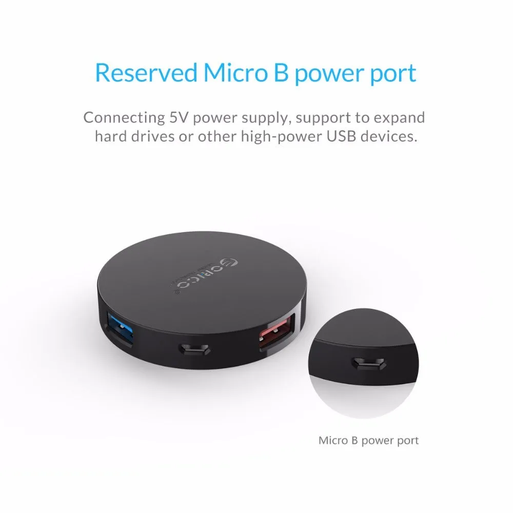 ORICO HA4U-U3 USB 3.0 hub with four ports, compact black plastic casing, 60x60x12mm