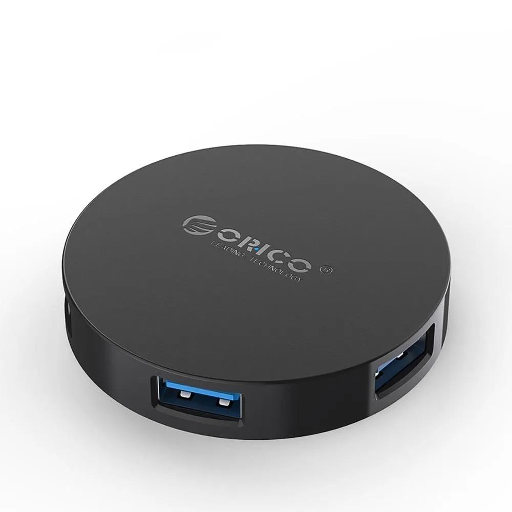 ORICO HA4U-U3 USB 3.0 hub with four ports, compact black plastic casing, 60x60x12mm