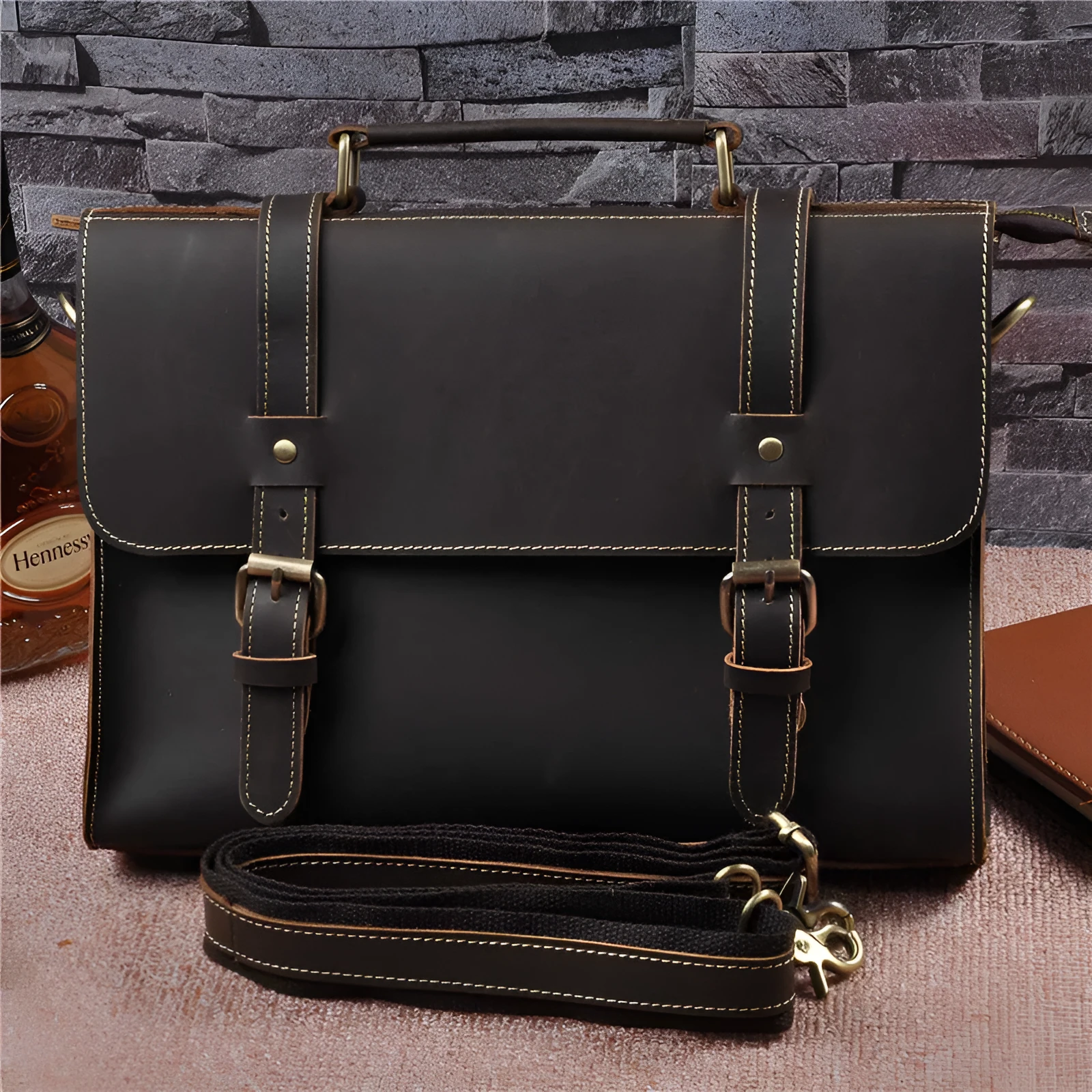 Men's genuine cowhide crazy horse leather handbag 13-inch dark brown lock closure retro style