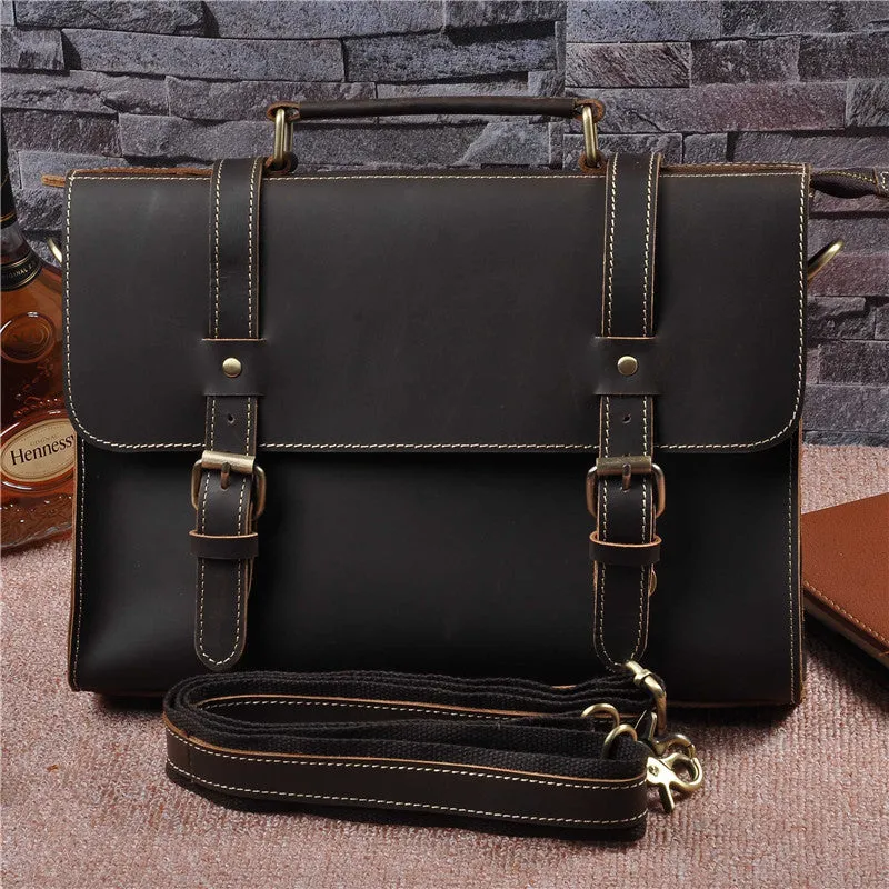 Men's genuine cowhide crazy horse leather handbag 13-inch dark brown lock closure retro style