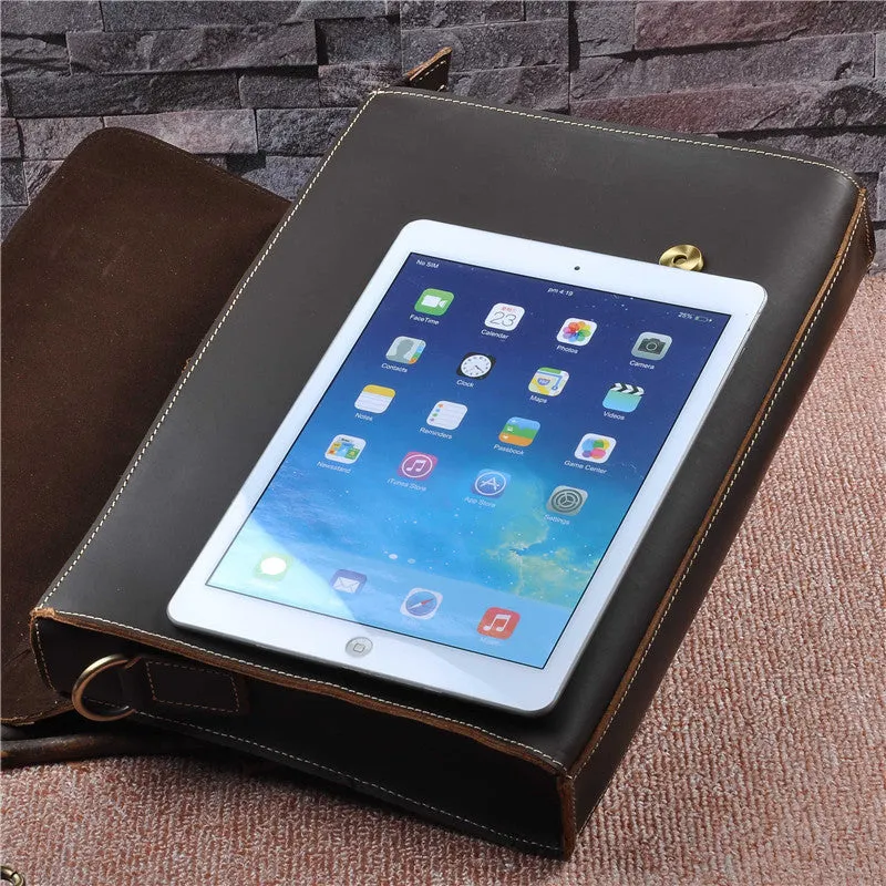 Men's genuine cowhide crazy horse leather handbag 13-inch dark brown lock closure retro style