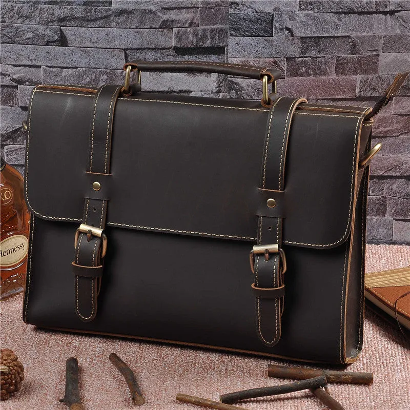 Men's genuine cowhide crazy horse leather handbag 13-inch dark brown lock closure retro style