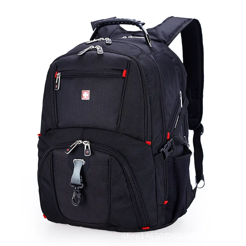 Large capacity black Oxford cloth computer backpack with multiple pockets and zipper closure