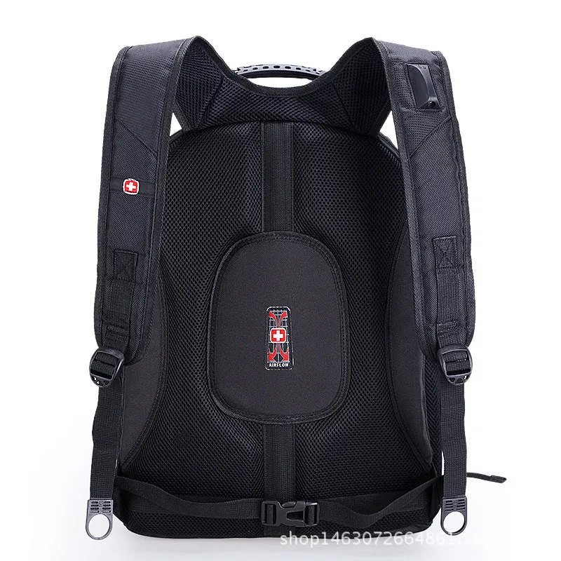 Large capacity black Oxford cloth computer backpack with multiple pockets and zipper closure