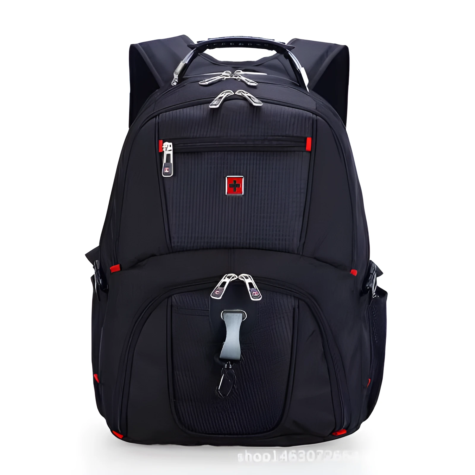 Large capacity black Oxford cloth computer backpack with multiple pockets and zipper closure