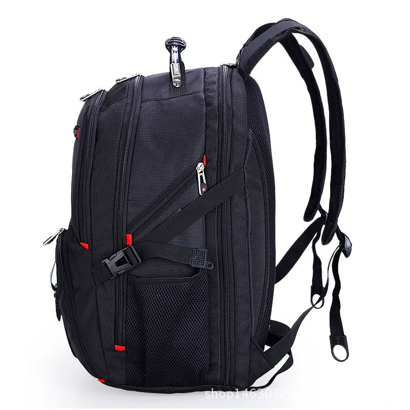 Large capacity black Oxford cloth computer backpack with multiple pockets and zipper closure
