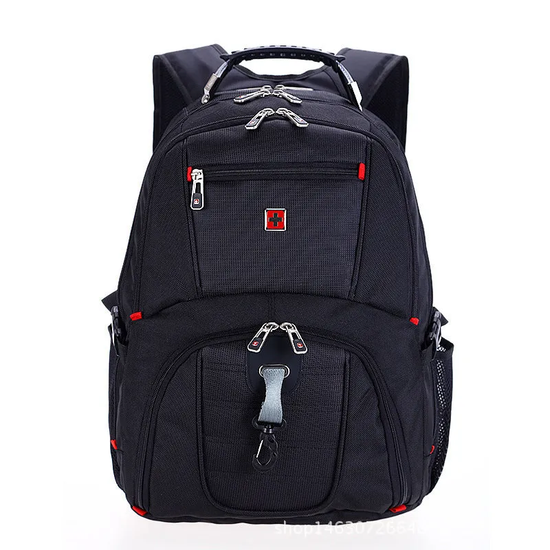 Large capacity black Oxford cloth computer backpack with multiple pockets and zipper closure
