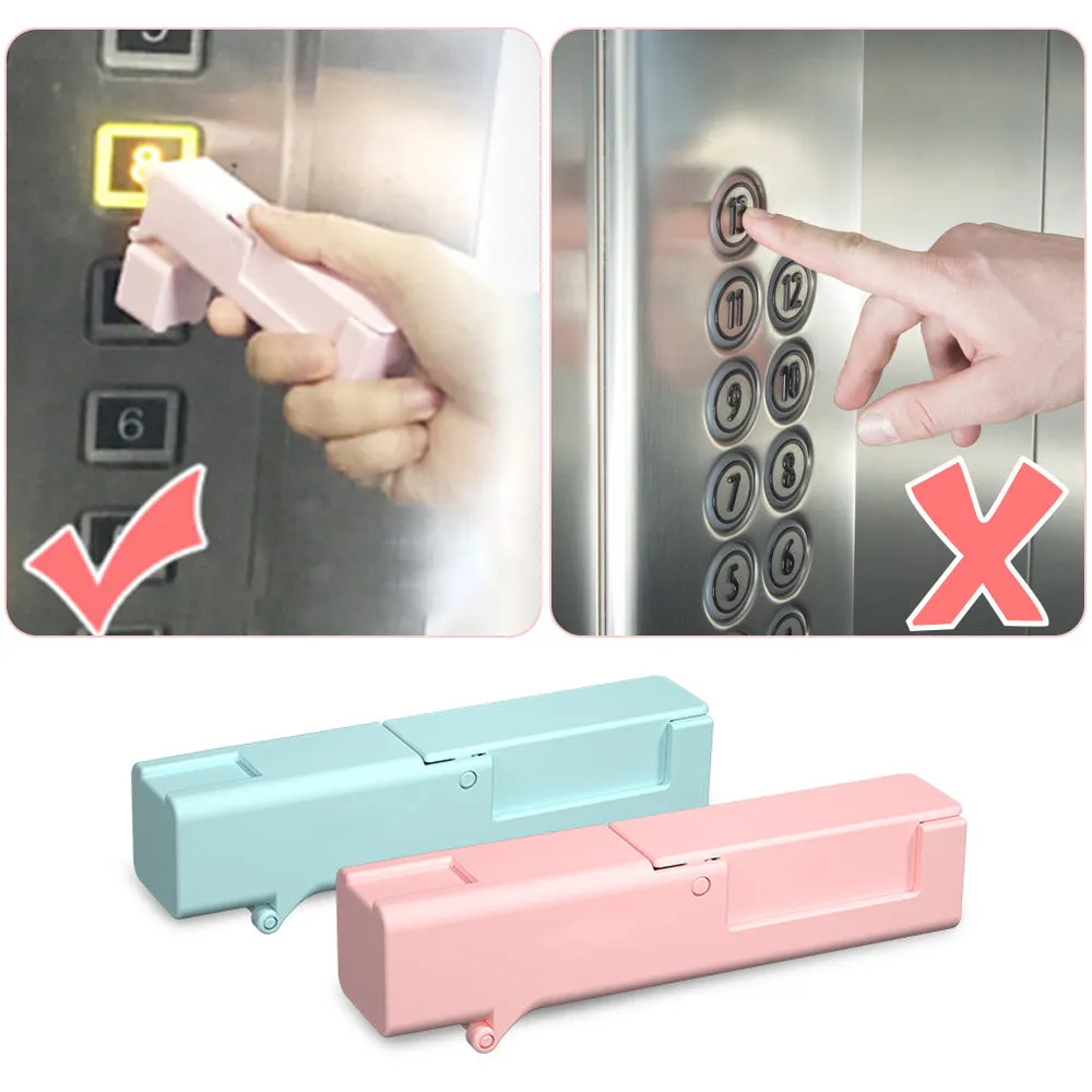 Plastic door opening tool for avoiding contact with public surfaces, 11.5cm long, blue and pink colours
