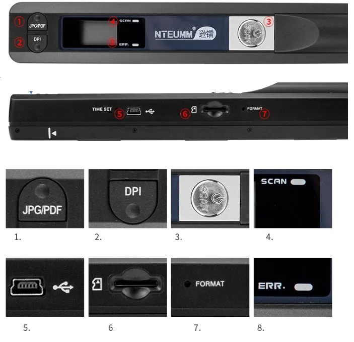 A4 portable document scanner with USB cable, 900DPI resolution, and slim black casing