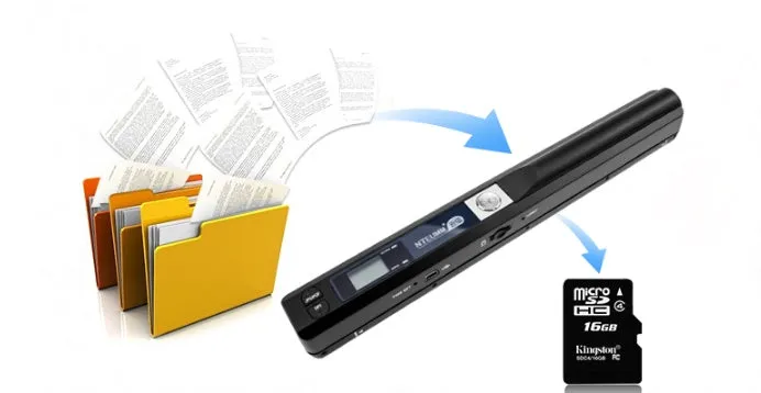 A4 portable document scanner with USB cable, 900DPI resolution, and slim black casing