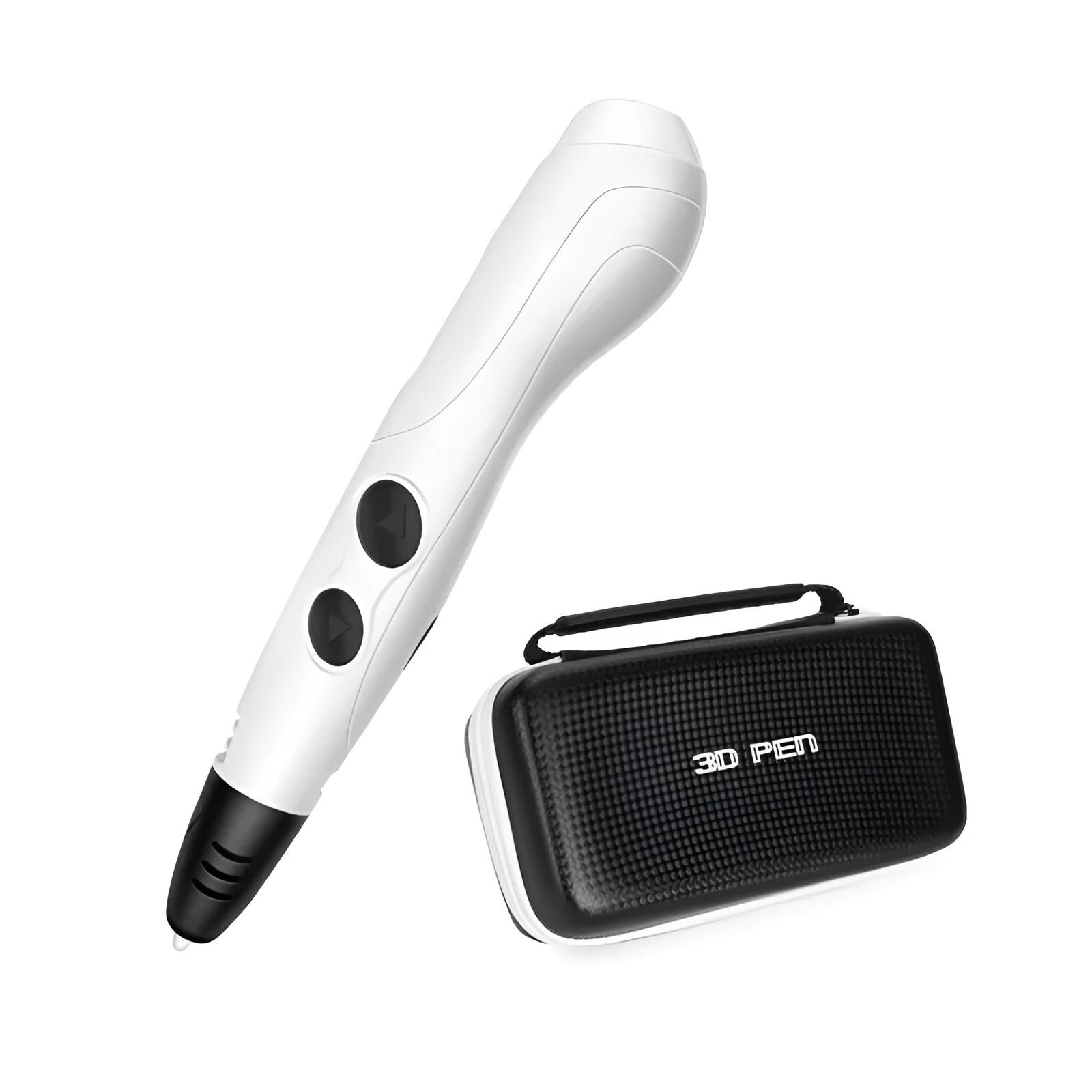White 3D printing pen with ABS body, USB cable, and PLA consumables in gift box
