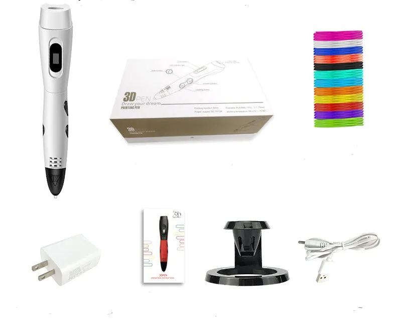 White 3D printing pen with ABS body, USB cable, and PLA consumables in gift box