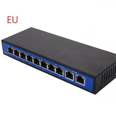 8+2 port 100M POE switch with 48V external power adapter, RJ45 ports, and LED indicators on a dark chassis