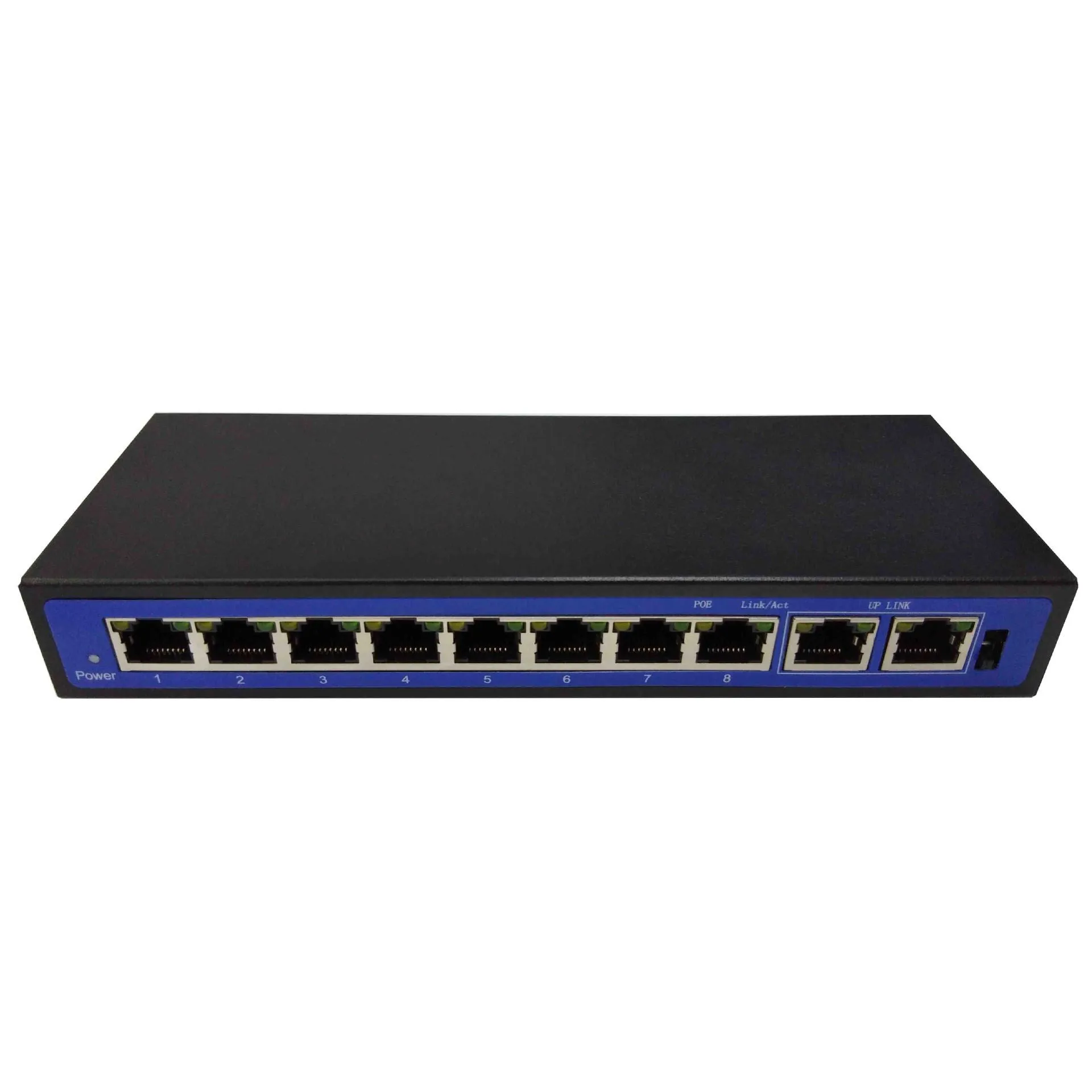 8+2 port 100M POE switch with 48V external power adapter, RJ45 ports, and LED indicators on a dark chassis