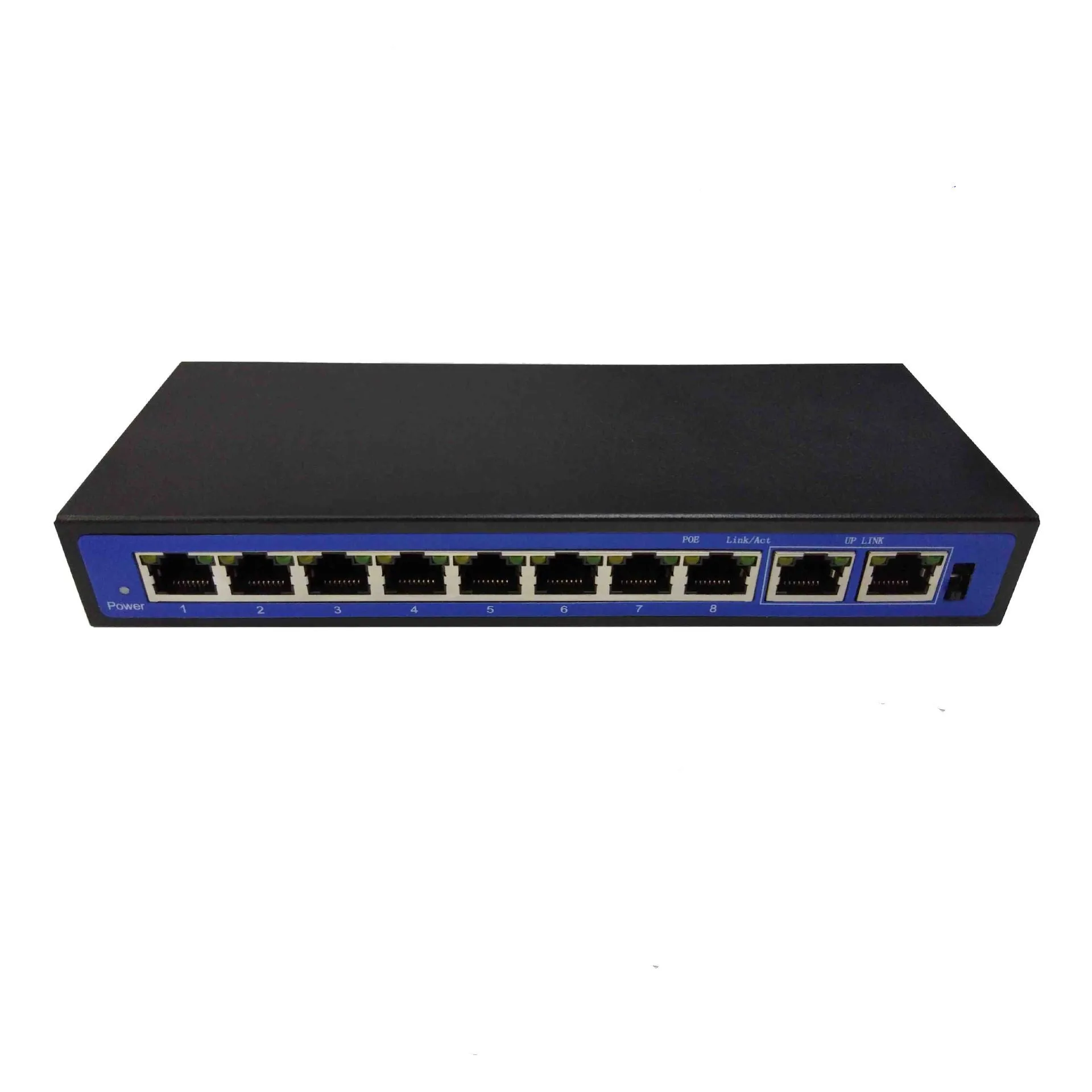 8+2 port 100M POE switch with 48V external power adapter, RJ45 ports, and LED indicators on a dark chassis