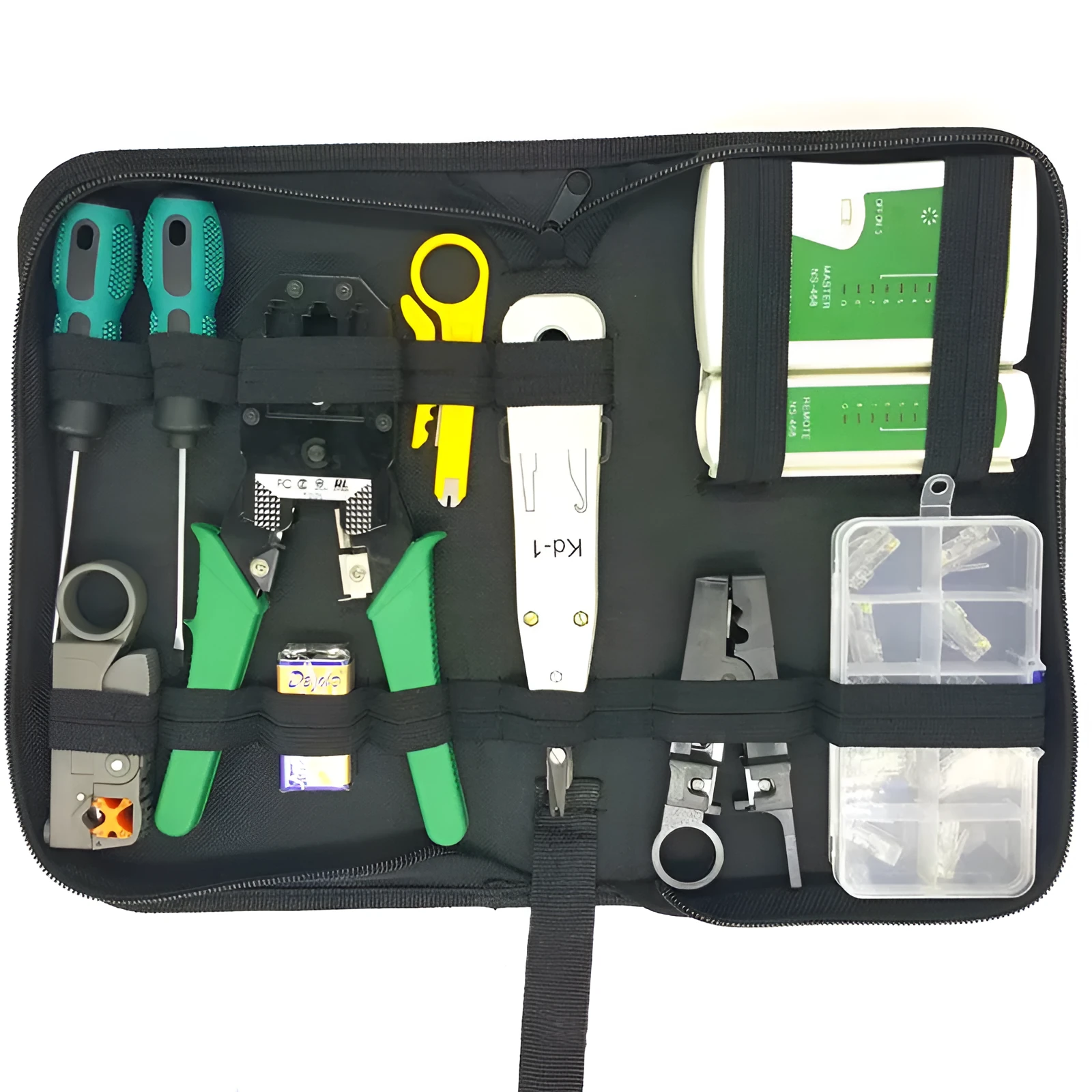 Network toolkit combination set in tool bag with crimping pliers, tester, knives, screwdrivers and RJ45 crystal heads