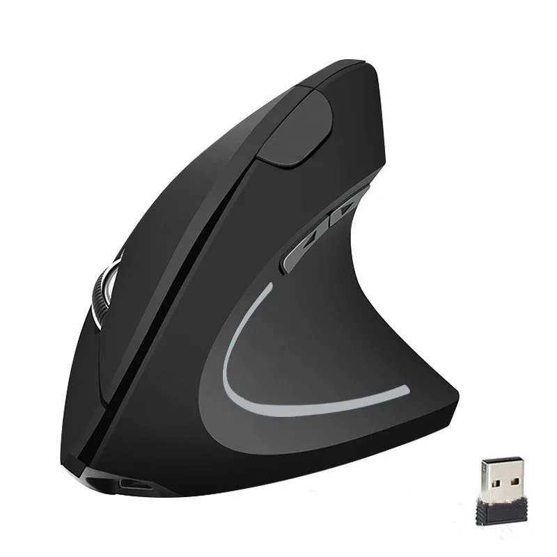Wired black optical mouse with ergonomic handheld shape, six buttons, four-way scroll wheel, and USB cable on a desk