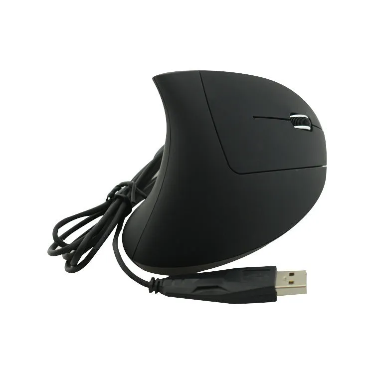 Wired black optical mouse with ergonomic handheld shape, six buttons, four-way scroll wheel, and USB cable on a desk
