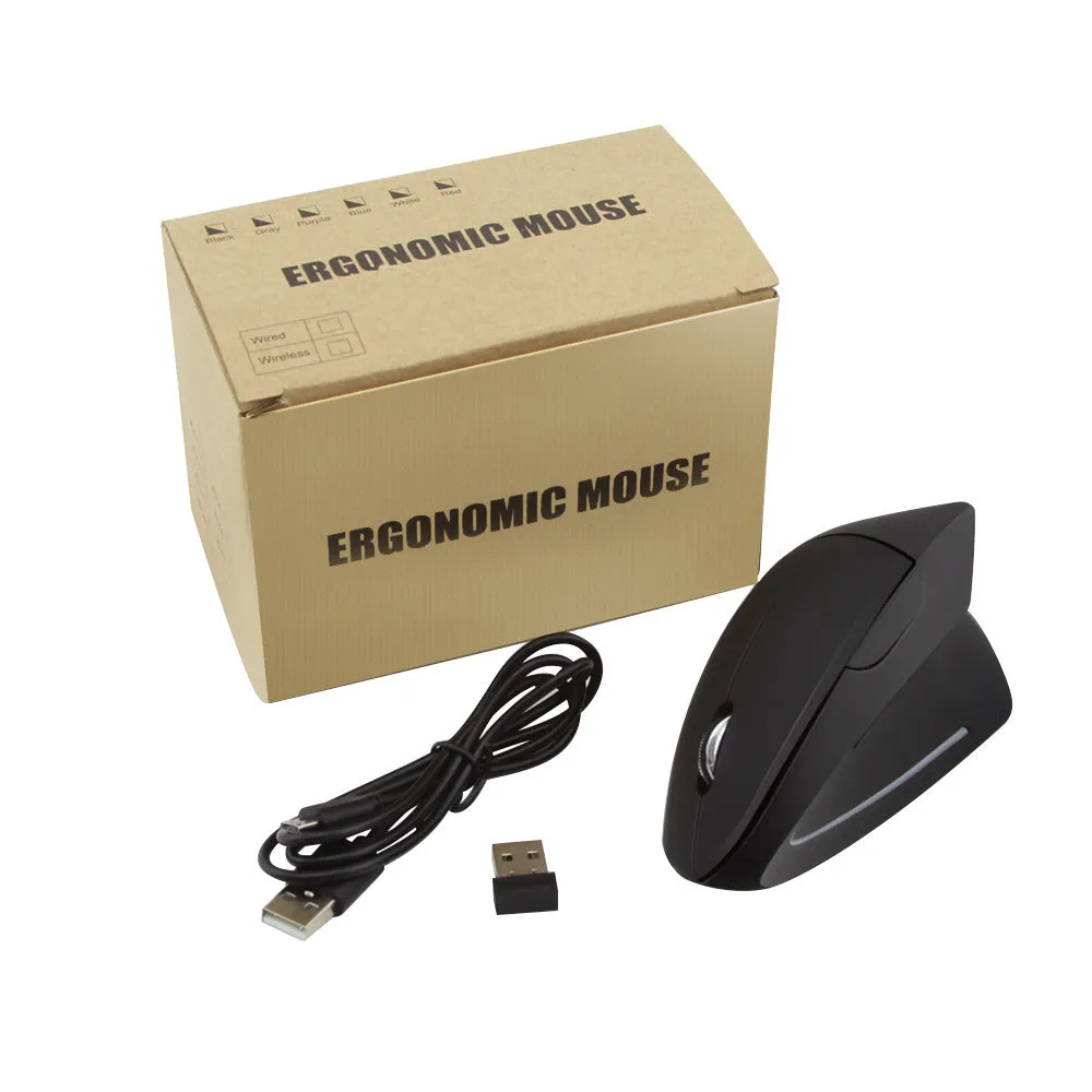 Wired black optical mouse with ergonomic handheld shape, six buttons, four-way scroll wheel, and USB cable on a desk