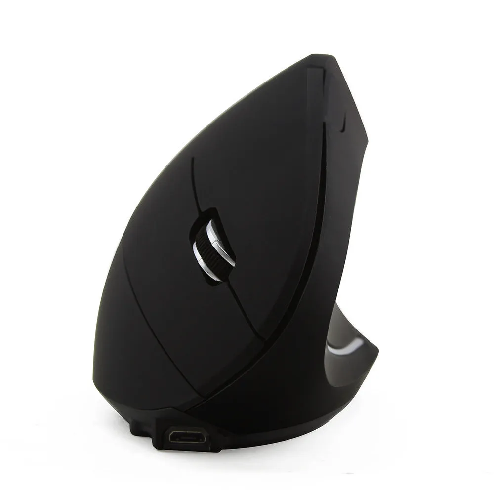 Wired black optical mouse with ergonomic handheld shape, six buttons, four-way scroll wheel, and USB cable on a desk