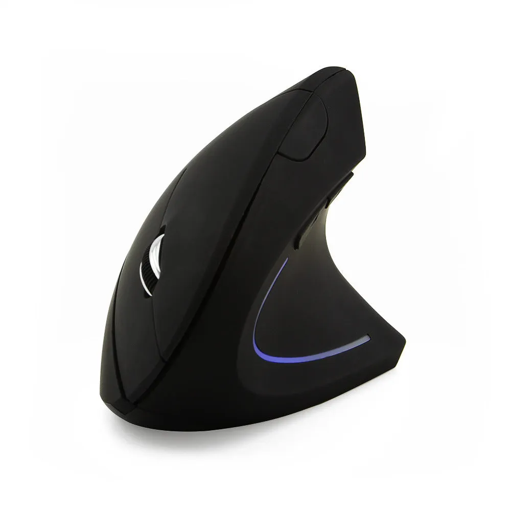 Wired black optical mouse with ergonomic handheld shape, six buttons, four-way scroll wheel, and USB cable on a desk